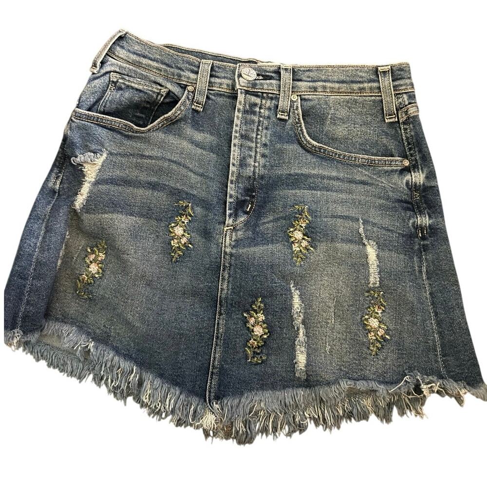 Anthropologie McGuire Embroidered Denim Mini Skirt Size 28 Floral Distressed - Picture 3 of 8